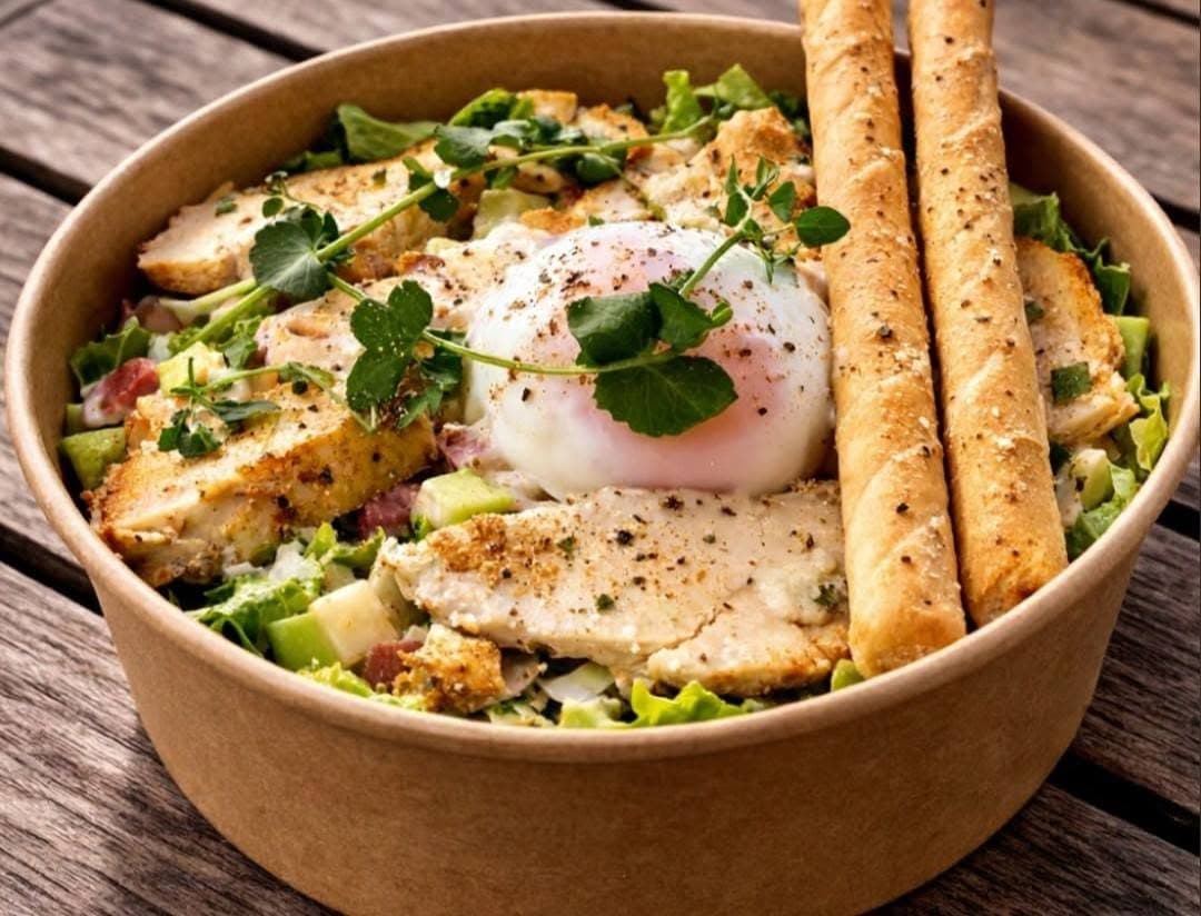 Salade César, poulet et œuf parfait