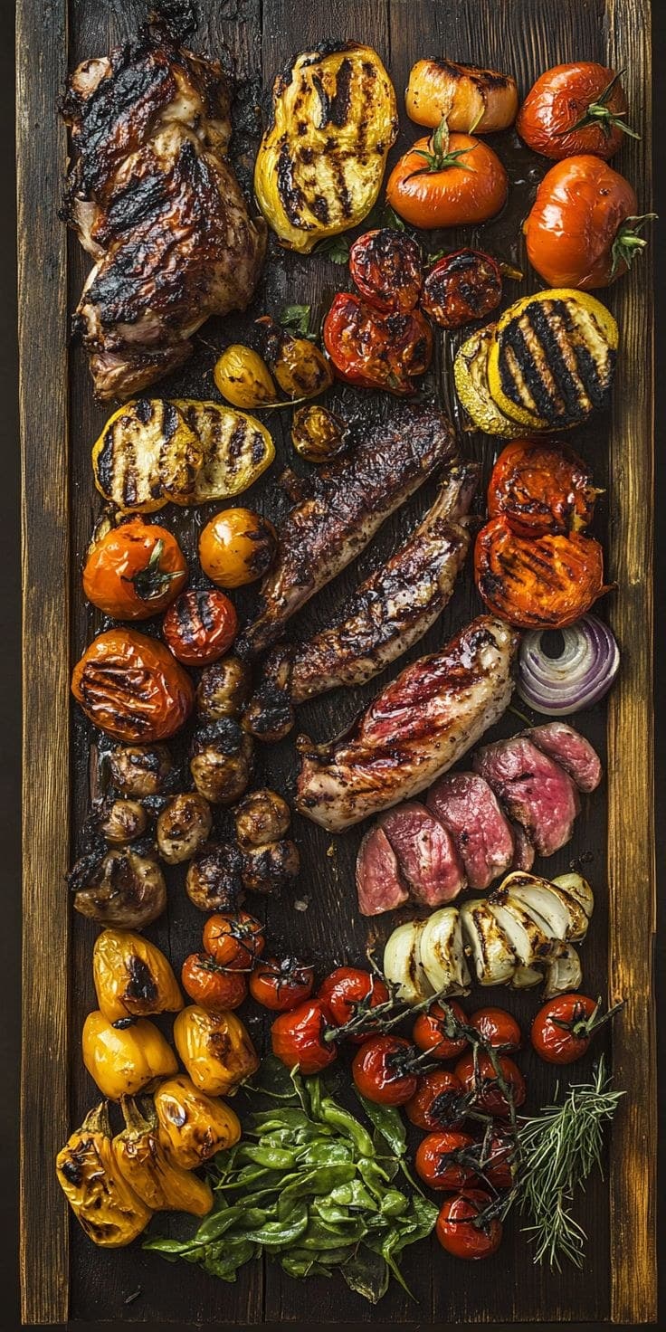 Assortiment de viandes et légumes grillés sur planche de bois