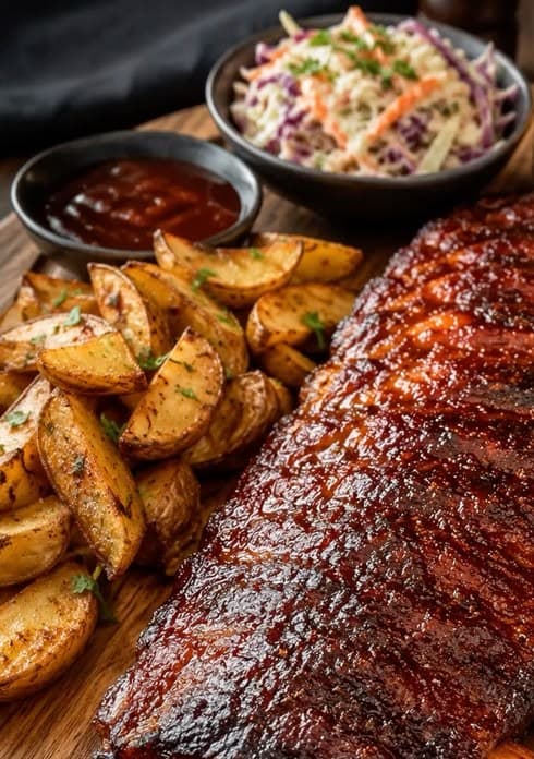 Travers de porc grillés, pommes de terre rôties et sauce barbecue