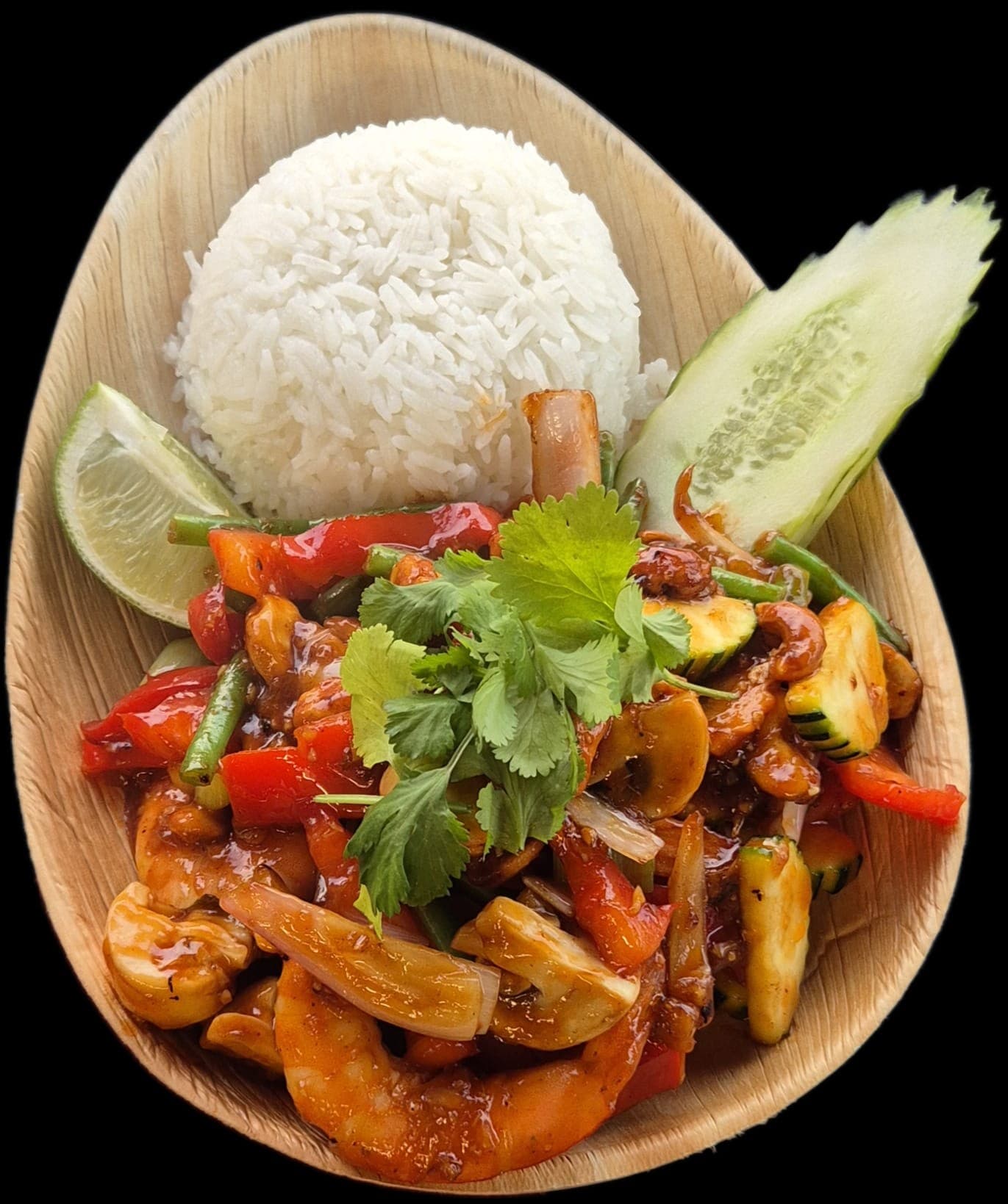 Kung Pad, crevettes et légumes sautés, riz