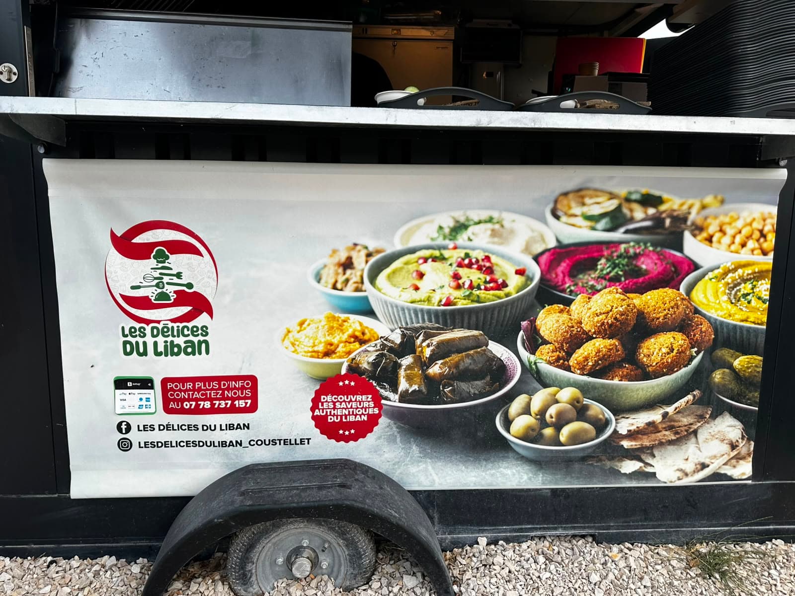 Assortiment de mezze libanais : houmous, feuilles de vigne, falafels et olives