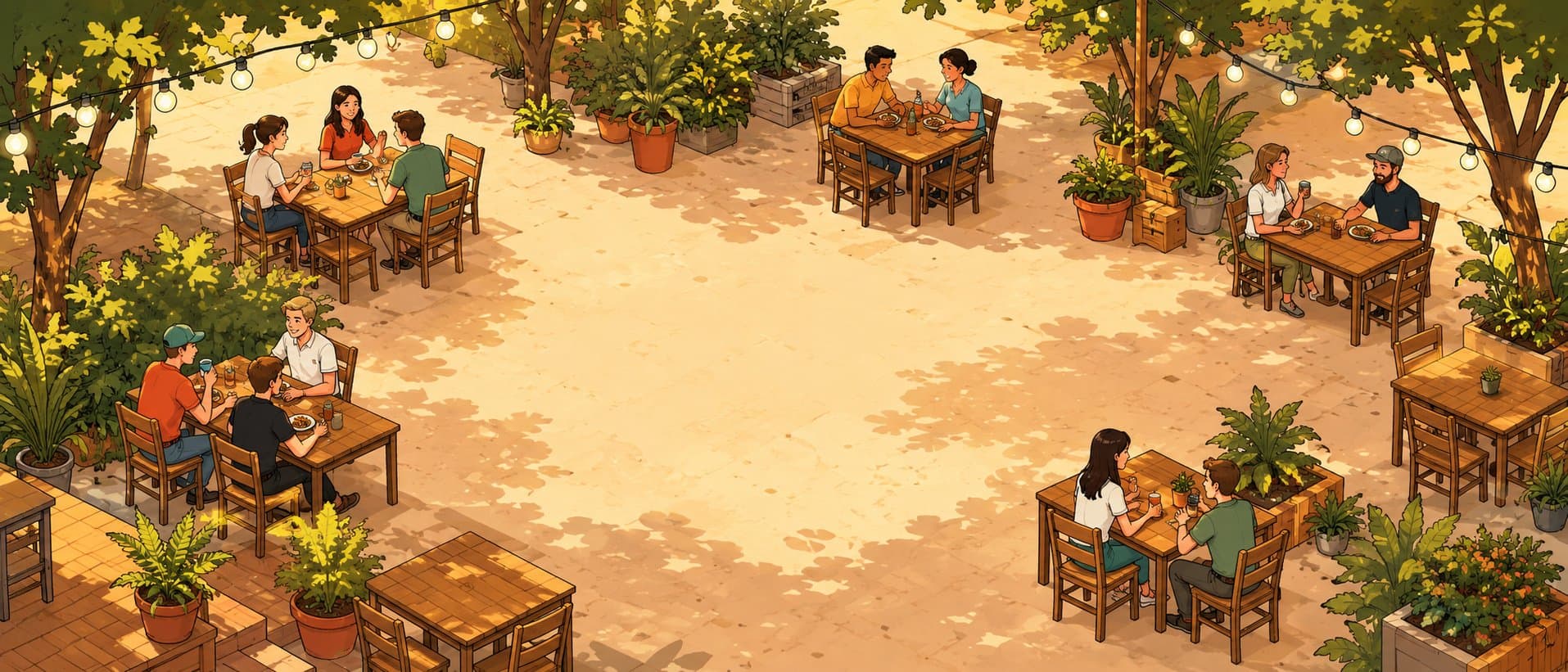 Illustration de la terrasse commune des Halles de Coustellet, sous les arbres